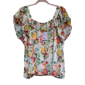 Lauren‎ Conrad Floral Lemon Print Top Womens Large Short Sleeve Square Neck Boho